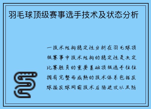 羽毛球顶级赛事选手技术及状态分析