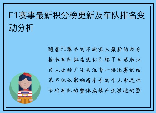 F1赛事最新积分榜更新及车队排名变动分析 F1赛事最新积分榜更新及车队排名变动分析