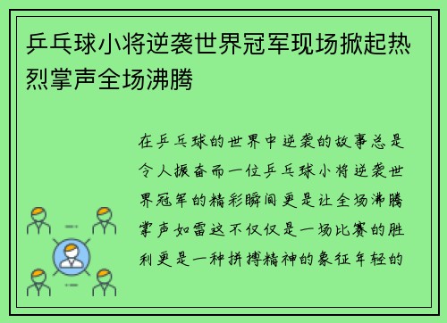 乒乓球小将逆袭世界冠军现场掀起热烈掌声全场沸腾